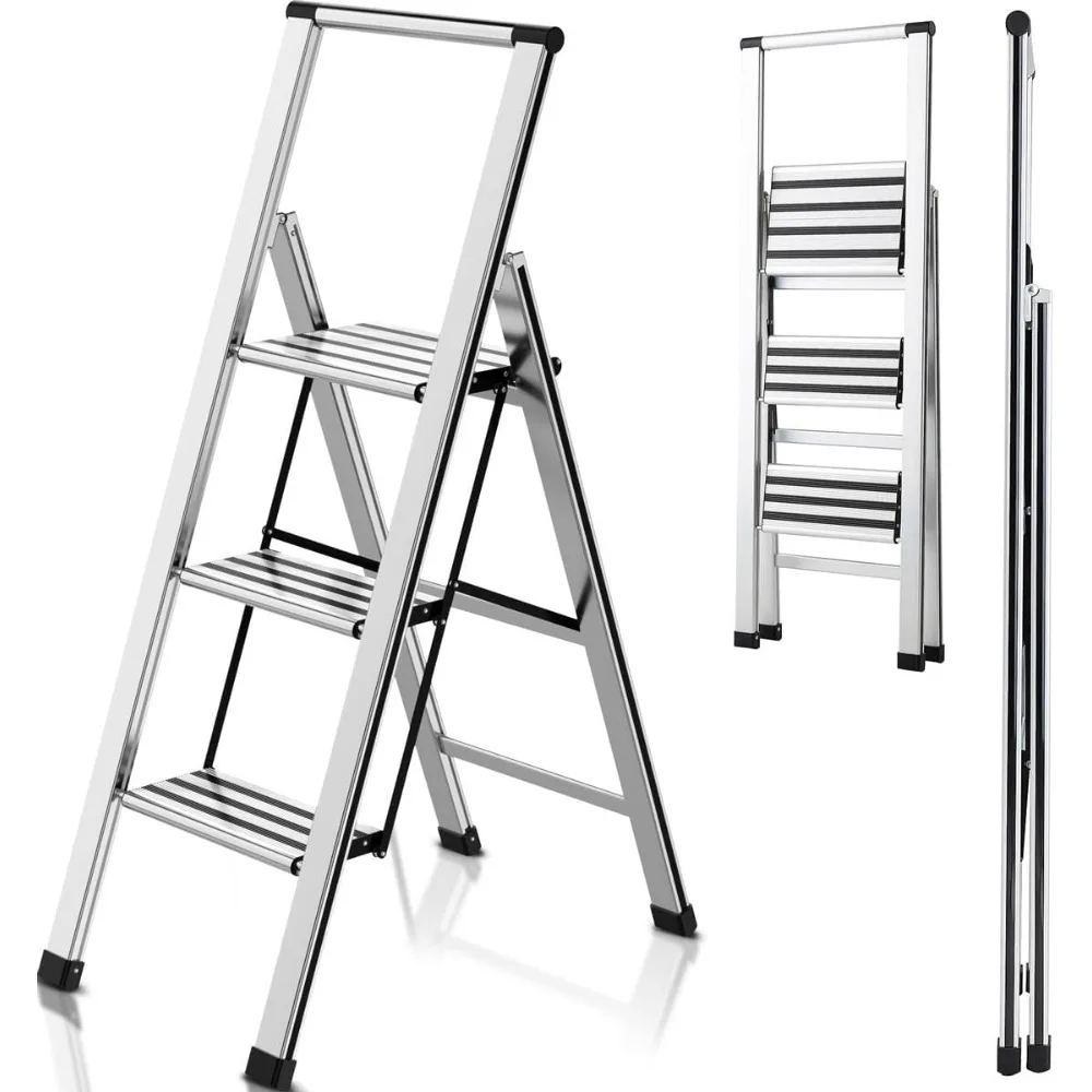 

Step Ladder 3 Step Folding Aluminum Small Step Stool with Handle for Kitchen Closet, 4Ft Foldable Steping Stool