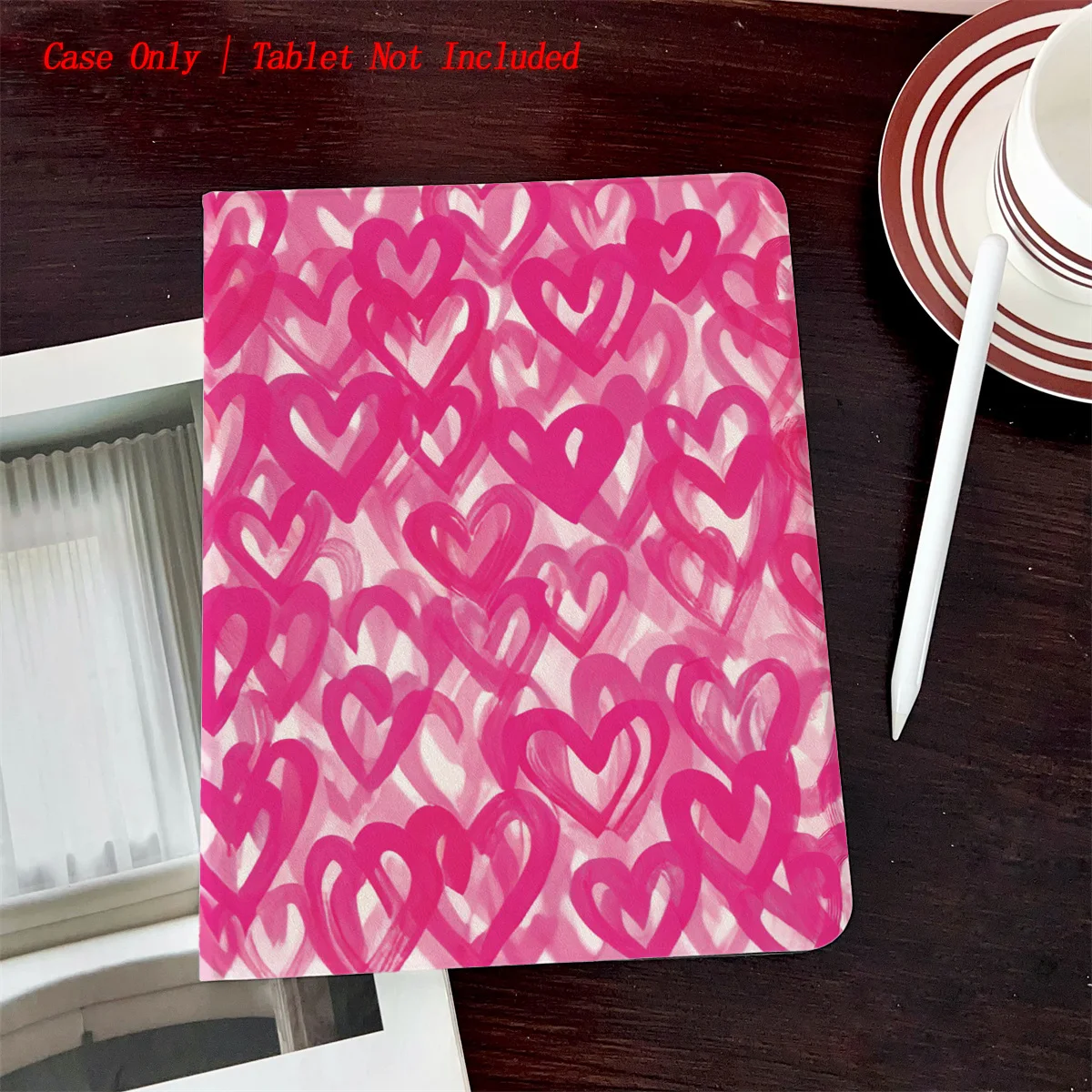 

Чехол для iPad с принтом в виде сердечек фуксии — стиль книги с отделением для ручки, автоматический сон/пробуждение, простой свежий дизайн