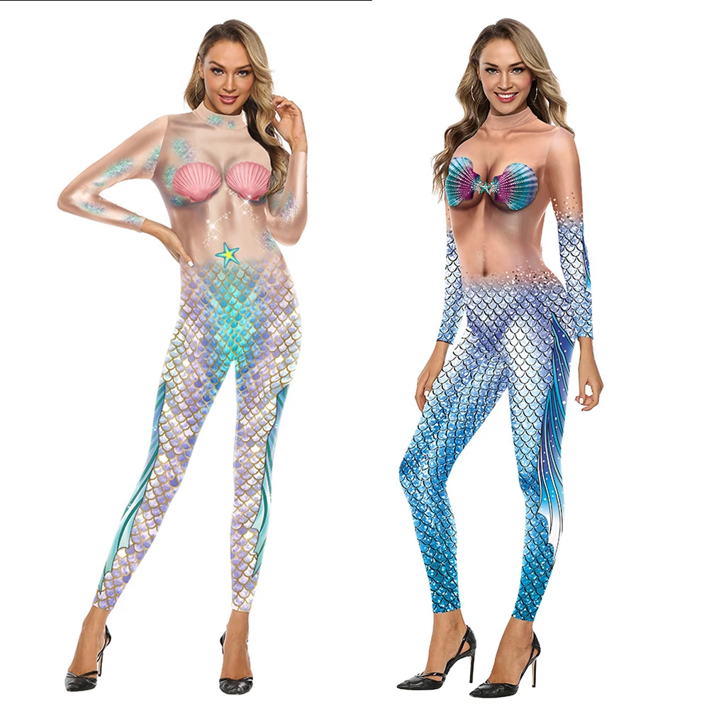 Women Mermaid Princess Jumpsuit Costume 3D Scale Print Carnival Bodysuits Clothing Sexy Cosplay Jumpsuits