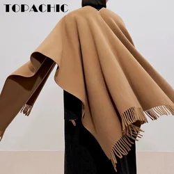 8.23 TOPACHIC-Women Wool Cashmere Keep Warm Shawl Ponchos Coat V-Neck Spliced Leather Tassle Decoration Irregular Loose Capes