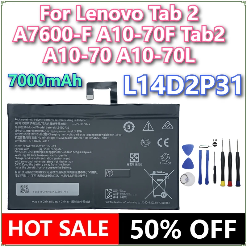 

Brand New L14D2P31 7000mAh For Lenovo Tab 2 A7600-F A10-70F Tab2 A10-70 A10-70L Battery +tools