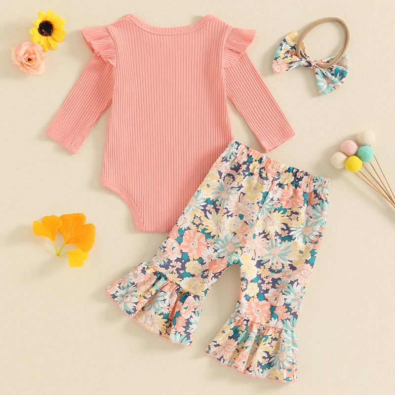 Baby Girls Fall Outfits Ribbed Long Sleeves Romper and Elastic Floral Print Flared Pants Headband Set 3 Piece Clothes