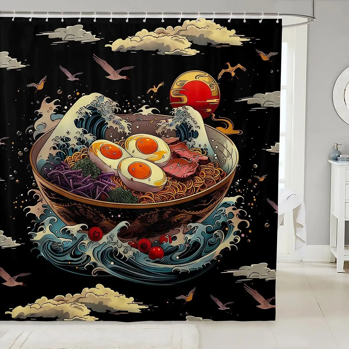 Ramen Noodle Shower Curtain Set Bathroom Decor for Kids Girls Boys,Japanese Style Bathroom Set Funny Food Fabric Shower Curtain