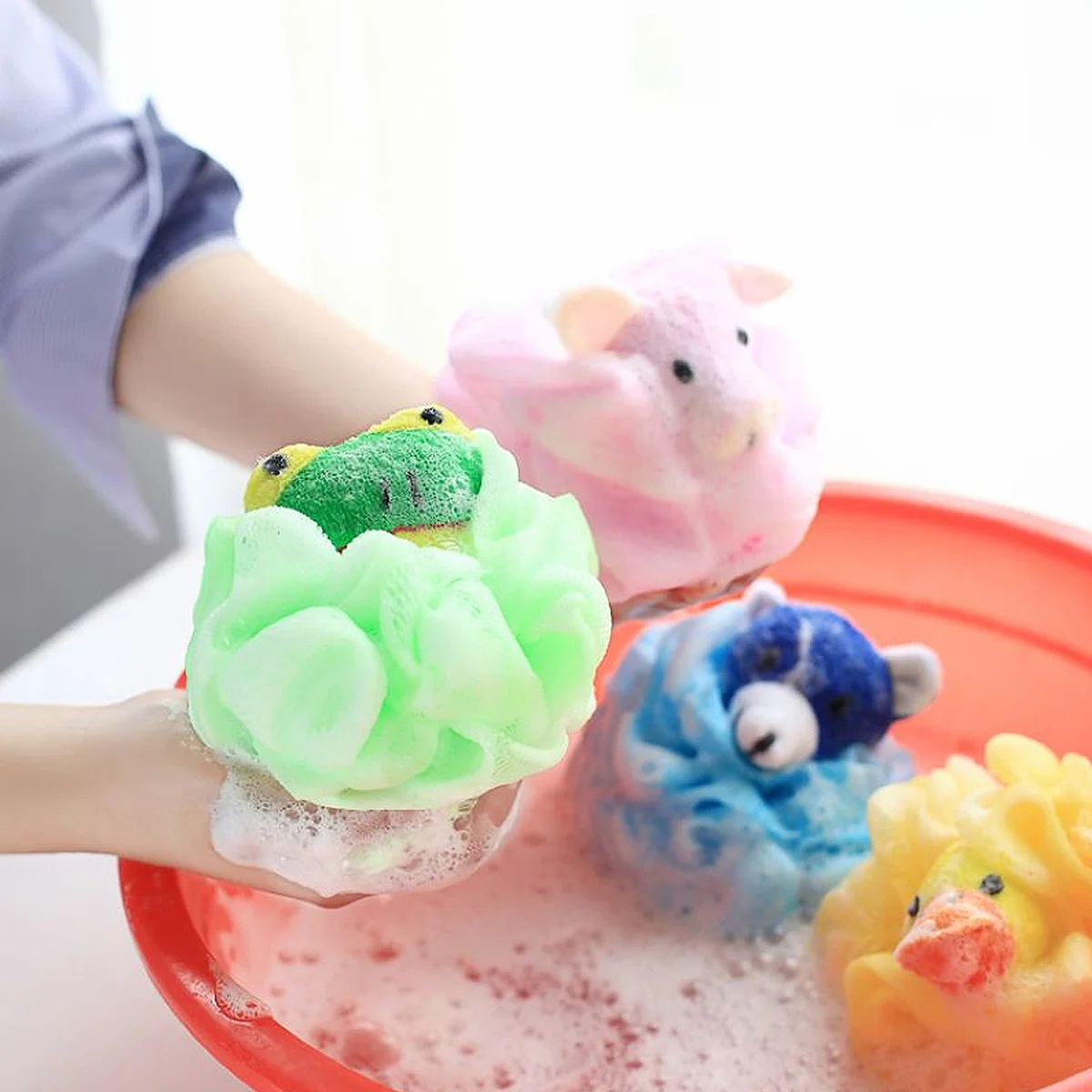 

6 pcs Animal Design Bath Ball Soft Mesh Shower Puff For Kids Cute Cartoon Bathing Tool Pink Rabbit Green Blue Bear