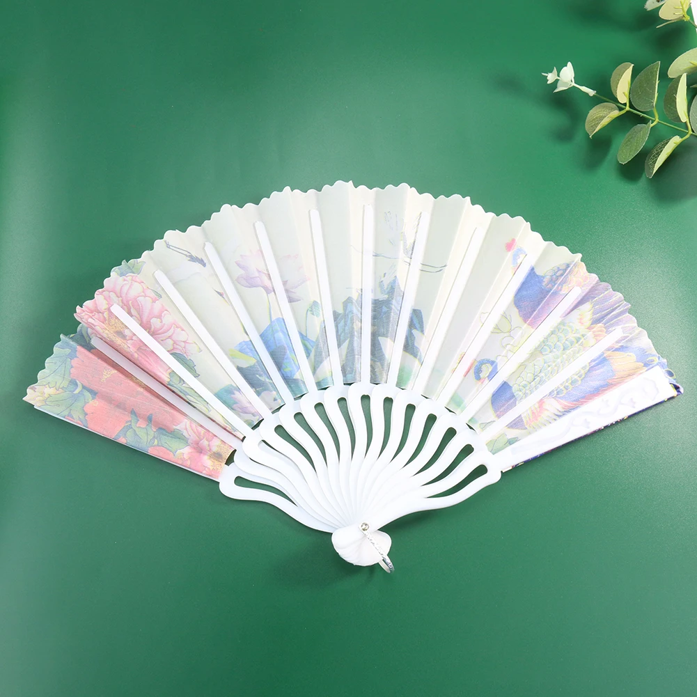 HD Printing Peony Lotus Flower Peacock Crane Phoenix Elegant Hand Cloth Folding Stage Fan Chinoiserie Gift Cheongsam Dance Decor