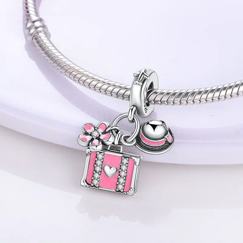 925 Sterling Silver Pink Perfume Bottle Luggage Heart-shaped Cute Claw Charms Beads Fit Original Charm Bracelet DIY Jewelry image 2