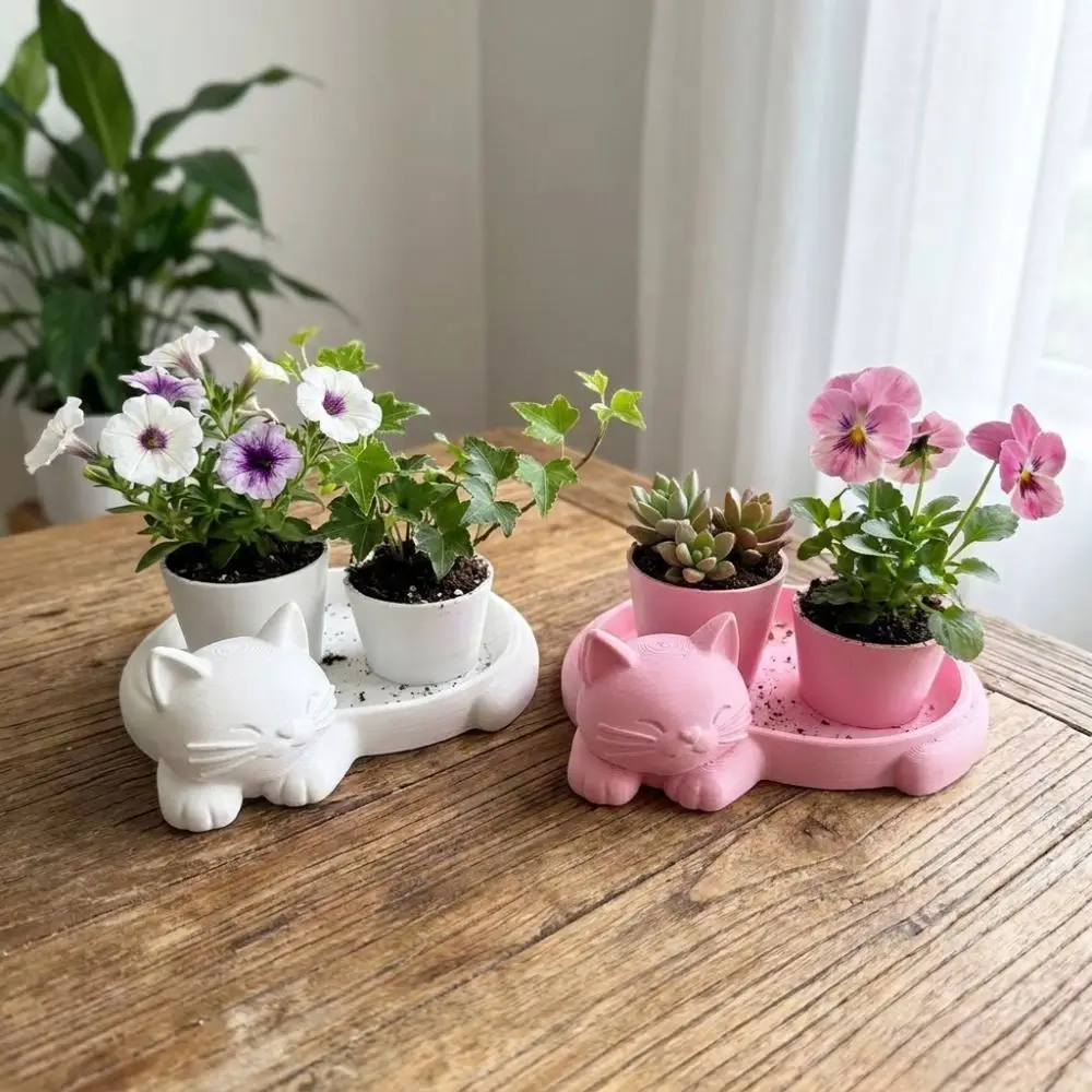 3D Printed Cat-Shaped Flower Pot Cute Animal Lazy Cat Kitten Desktop Planter Plastic Novelty Succulent Vase Indoor/Outdoor Use