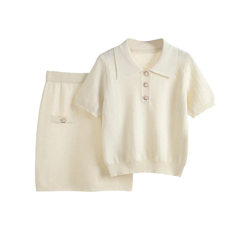 Conjunto feminino de malha cáqui, 2 peças, gola polo, manga curta, camiseta + cintura alta, saia quadril enrolada, conjunto casual