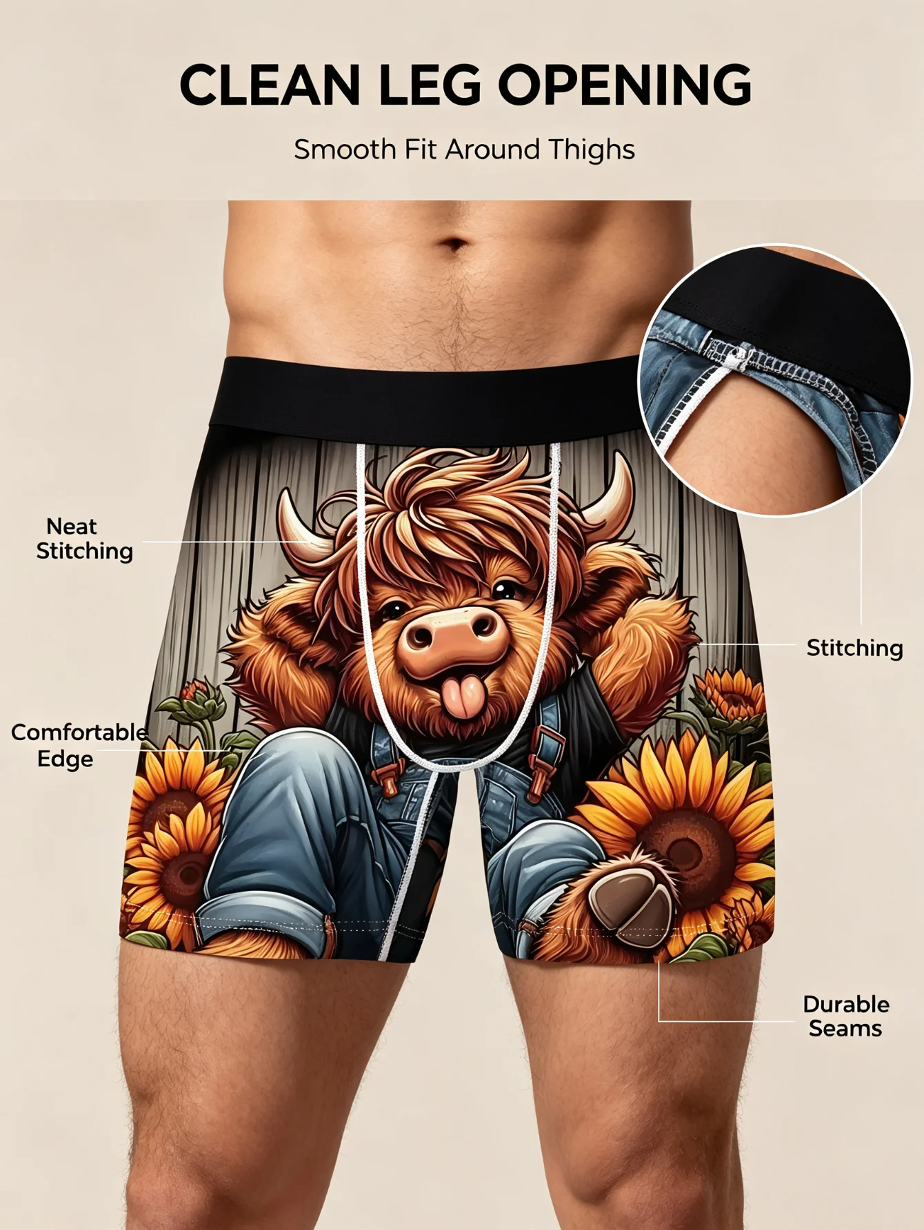 3PCS Men Underwear Cute Cartoon Highland Cow Sunflower Printed Boxer Briefs Soft Stretch Breathable Shorts Novelty Gift