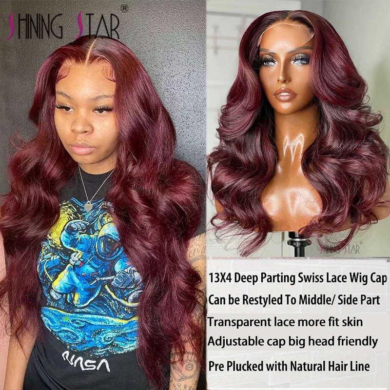 Burgundy 13X4 Body Wave Lace Frontal Human Hair Wig Red 99J Colored Human Hair 13x4 Lace Front Wig Woman Pre-Plucked Real Wig