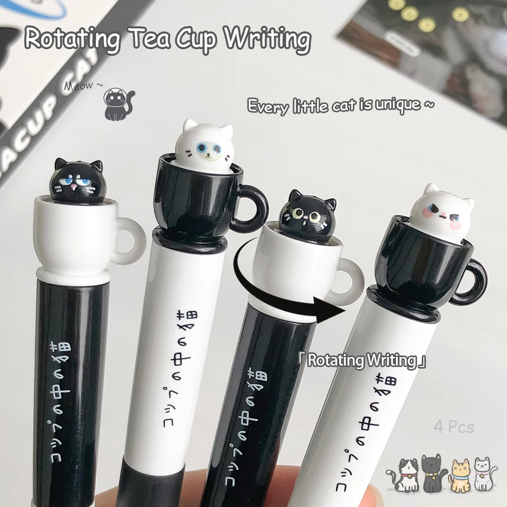 

4 Pcs Cute Teacup Cat Gel Pens 0.5mm Fun Animal Quick Dry Pen Creative Rotating Cat Pocket Pen for School & Office Use