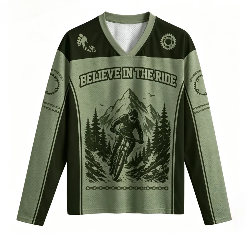 Vintage Mountain Bike Rider Print Long Sleeve Jersey Men Believe In The Ride Outdoor MTB Cycling V Neck Street Sport Top