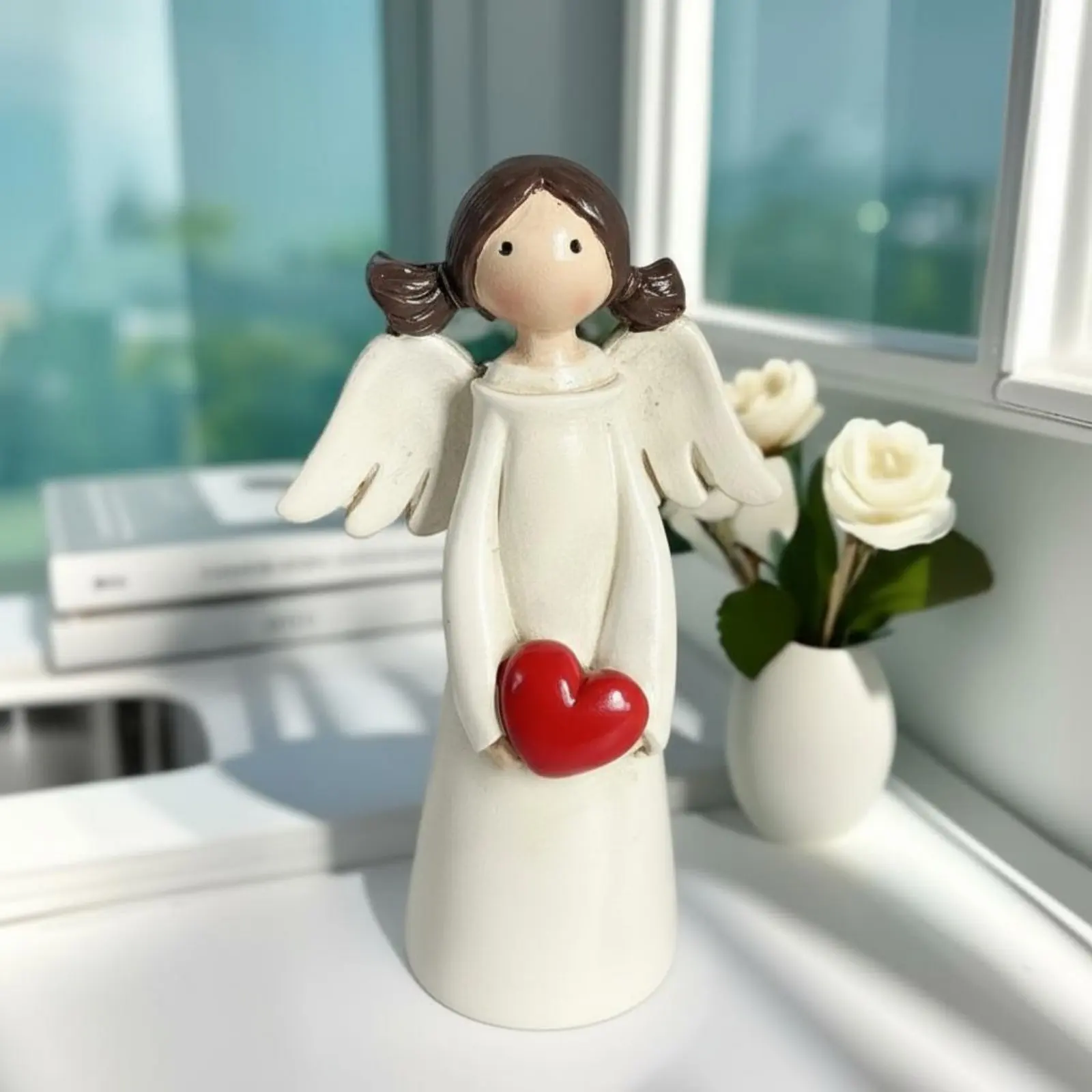 Heart Holding Cherub Figurine Hand-Painted Design Home Decoration Desktop Decor for Moms