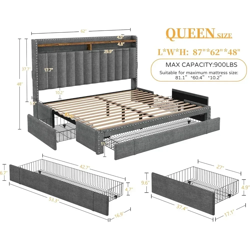 Queen Bed Frame with 3 Drawers & 2-Tier Storage Headboard，Platform Bed Frame with Storage，Wood Slats Support，No-Noise，Bed Frame