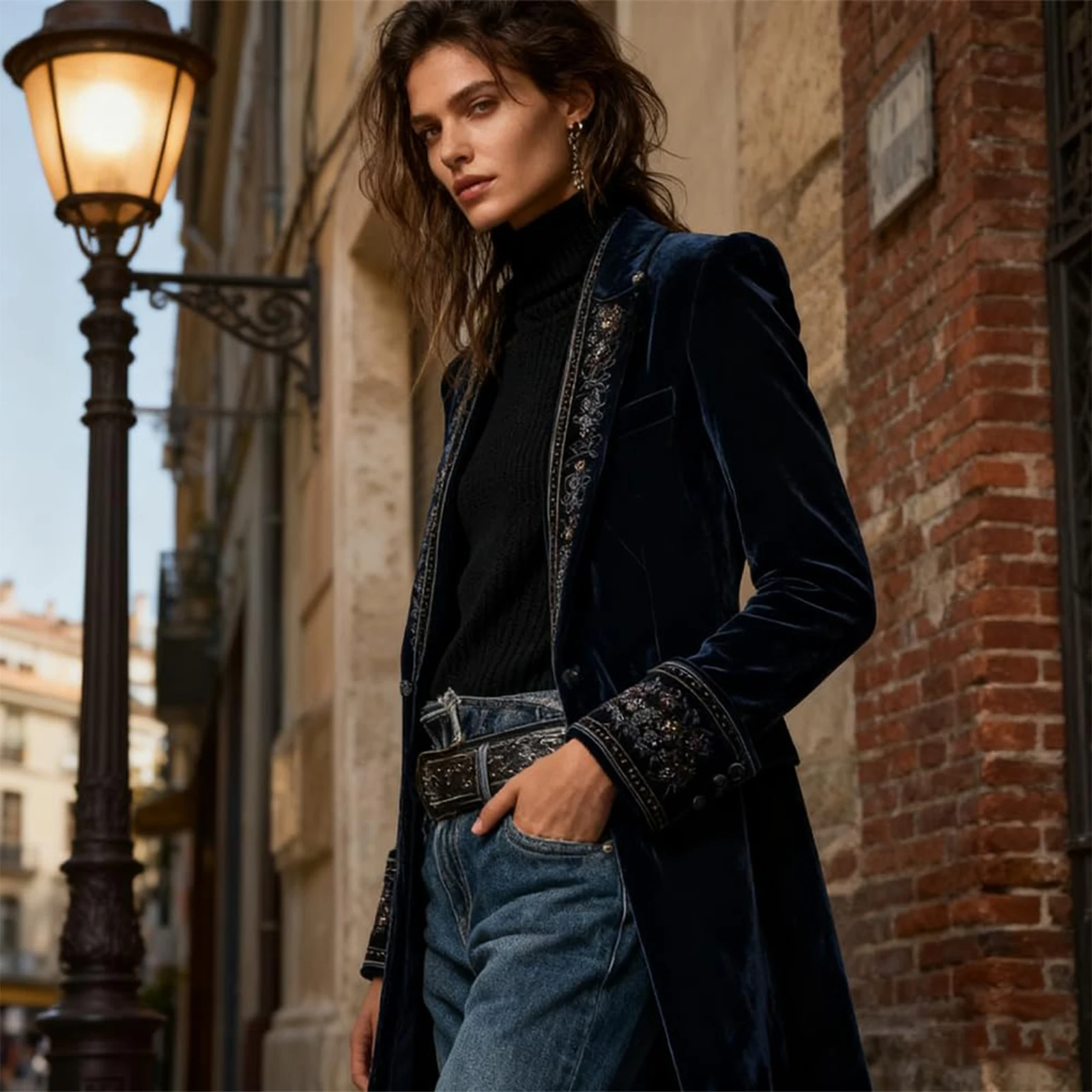 Abrigo Vintage étnico de terciopelo con estampado Floral para mujer, chaquetas ajustadas elegantes para otoño, cárdigan para mujer, prendas de vestir exteriores de manga larga para invierno