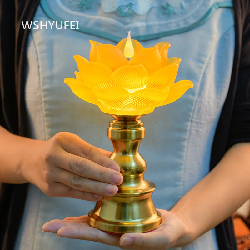 1pc Glass Lotus Lantern Plug in LED Enshrined Buddha Statue Eternal Light Household Buddhist Bodhisattva Worship Lamp Decoration