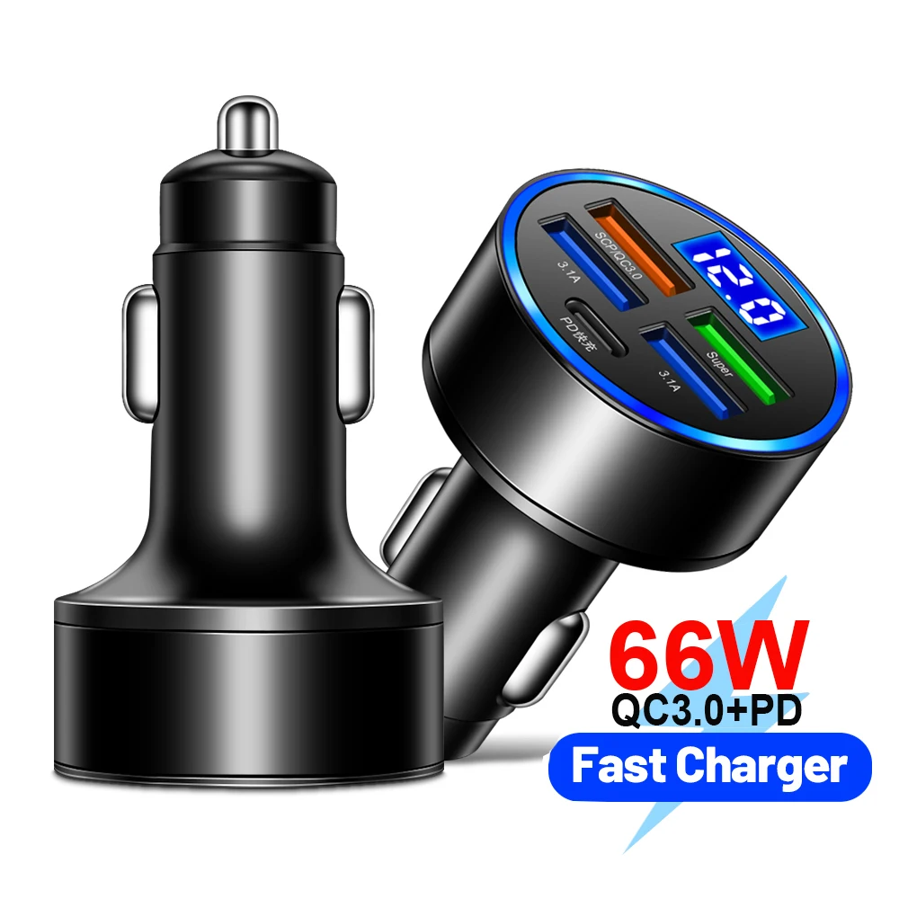 66W Car Charger QC3.0+PD USB Fast Charging 5-Port 4 USB+1 PD Car Cigarette Lighter Phone Charger Digital Voltmeter