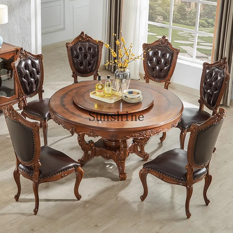 

American all solid wood round dining table and chair combination home retro restaurant dining table