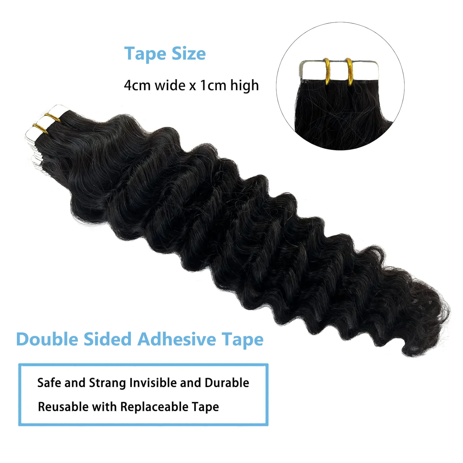 Black Water Wave Tape in Human Hair Extension Brazilian Hair Skin Weft Tape in Curly Human Hair Deep Wave 20pcs 50g 16-26inch