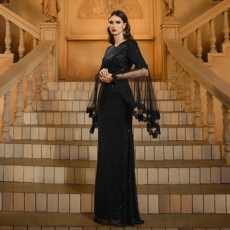 Women Black Dresses Flare Sleeve V Neck Sequined Elegant Cocktail Prom Formal Occasion Evening Long Maxi Dress Female Clothing