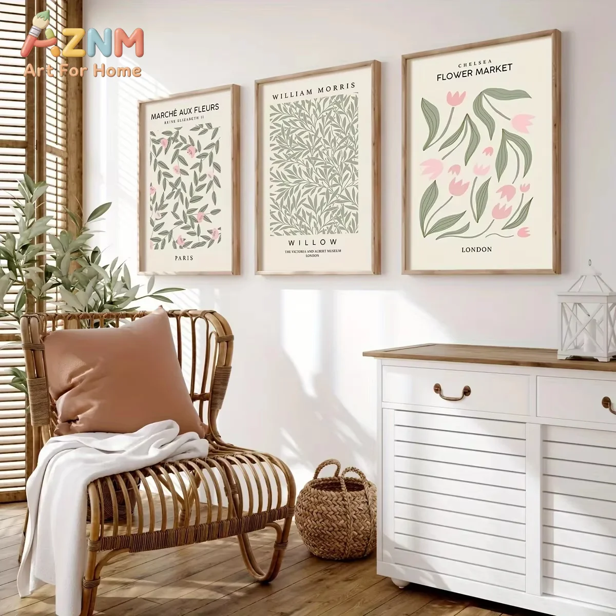 AZNM Green Pink Sage Flower Wall Art Prints Botanical Modern Art Canvas Posters Neutral Floral Wall Decor Gallery Wall Decor