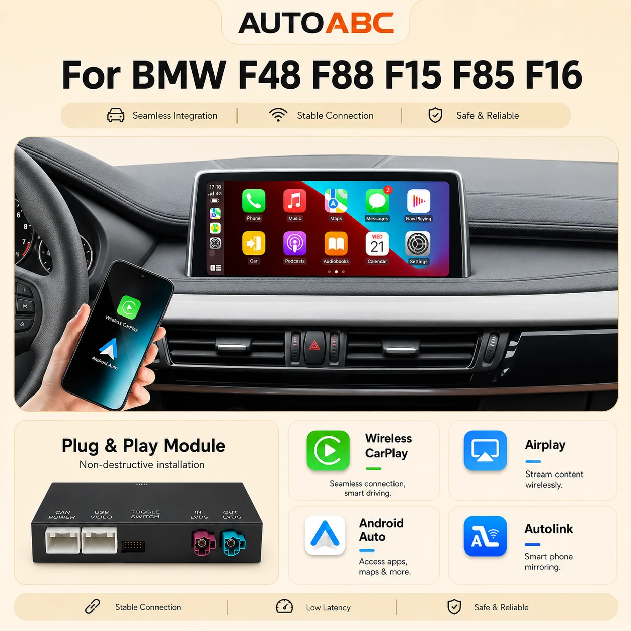 Module CarPlay Android Auto sans fil pour BMW F48, F88, F15, F85, F16 système NBT EVO avec Bluetooth, MirrorLink et navigation