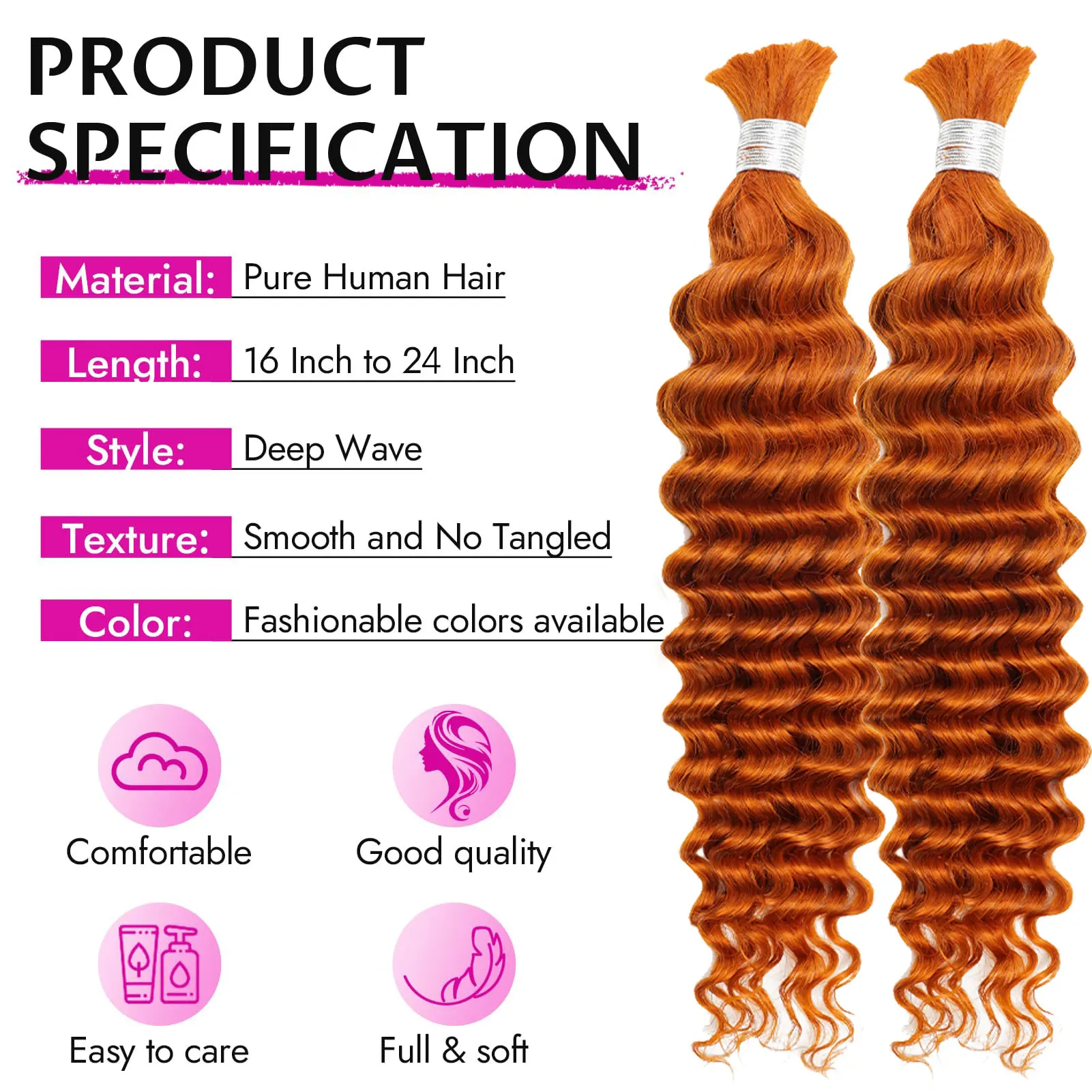 Onda profunda de gengibre # 350 cor laranja queimada 24 Polegada trança de cabelo em massa real extensão do cabelo humano pacotes de cabelo encaracolado para tranças boho