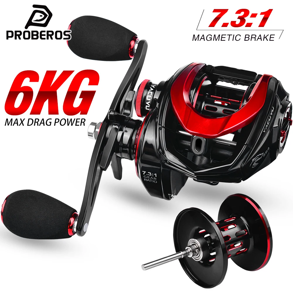 PROBEROS Baitcasting-Angelrolle, 7,3:1 Hochgeschwindigkeits-Übersetzungsverhältnis, 6 kg maximale Bremskraft, Magnetbrems-Baitcaster mit austauschbarer Spule