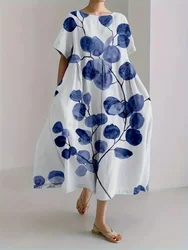 Cyan Flower Print Fashion Elegant Women's Dress, Friends Party Dinner Evening Dress, Fashion Elegant Women's Loose Dress