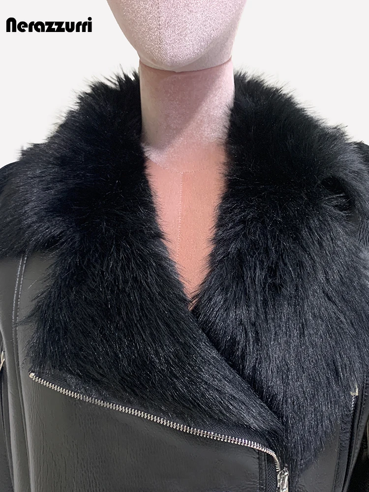 Nerazzurri Autumn Winter Cool Short Hairy Fluffy Thick Warm Black Faux Sheepskin Coat Women Shearling Moto & Biker Jacket 2024