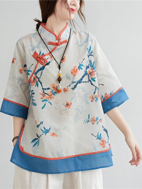 

Корейская и японская женская летняя блузка с цветочным принтом, винтажная, на пуговицах, с воротником-стойкой, приталенная, модная, для повседневной носки, свободного кроя