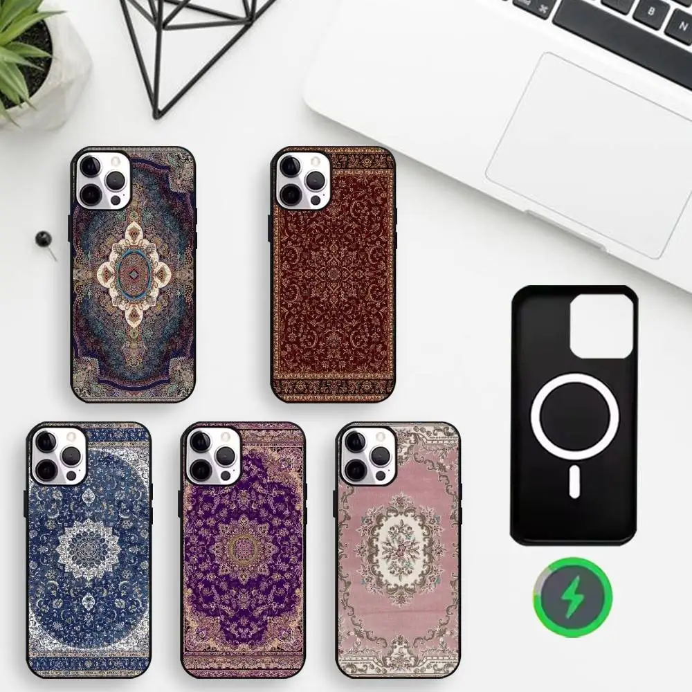 

Persian Carpet Floral Pattern Phone Case For iPhone17,16,15,14,13,12,11 Plus,For Magnetic Wireless Charge Cover