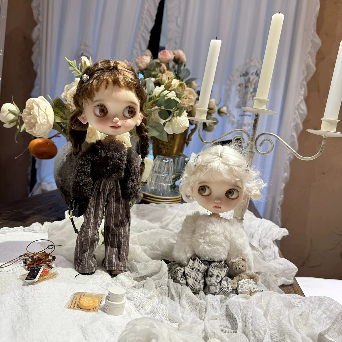 

Cute Blyth Doll Clothes Accessories French Gentle Vintage Luxury Plush Top+Long Pants Set For 19 Joint OB24 Azone Doll Dress Up