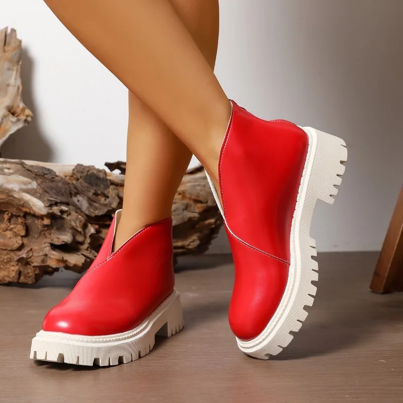 

2026 Autumn New Thick-soled Ankle Boots Women's Thick High Heels Zipper Short Boots Casual Solid Color Round Toe Women's Shoes