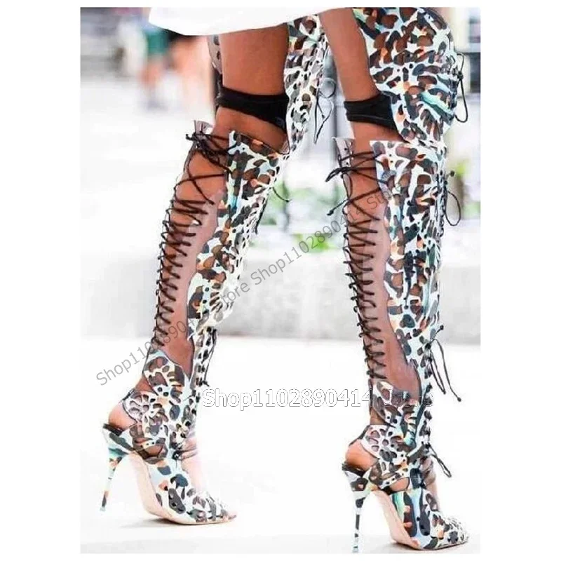 

Leopard Print Hollow Design Peep Toe Sandals Boots Back Strap Women Shoes Thin High Heels Sexy Runway 2023 Zapatos Para Mujere