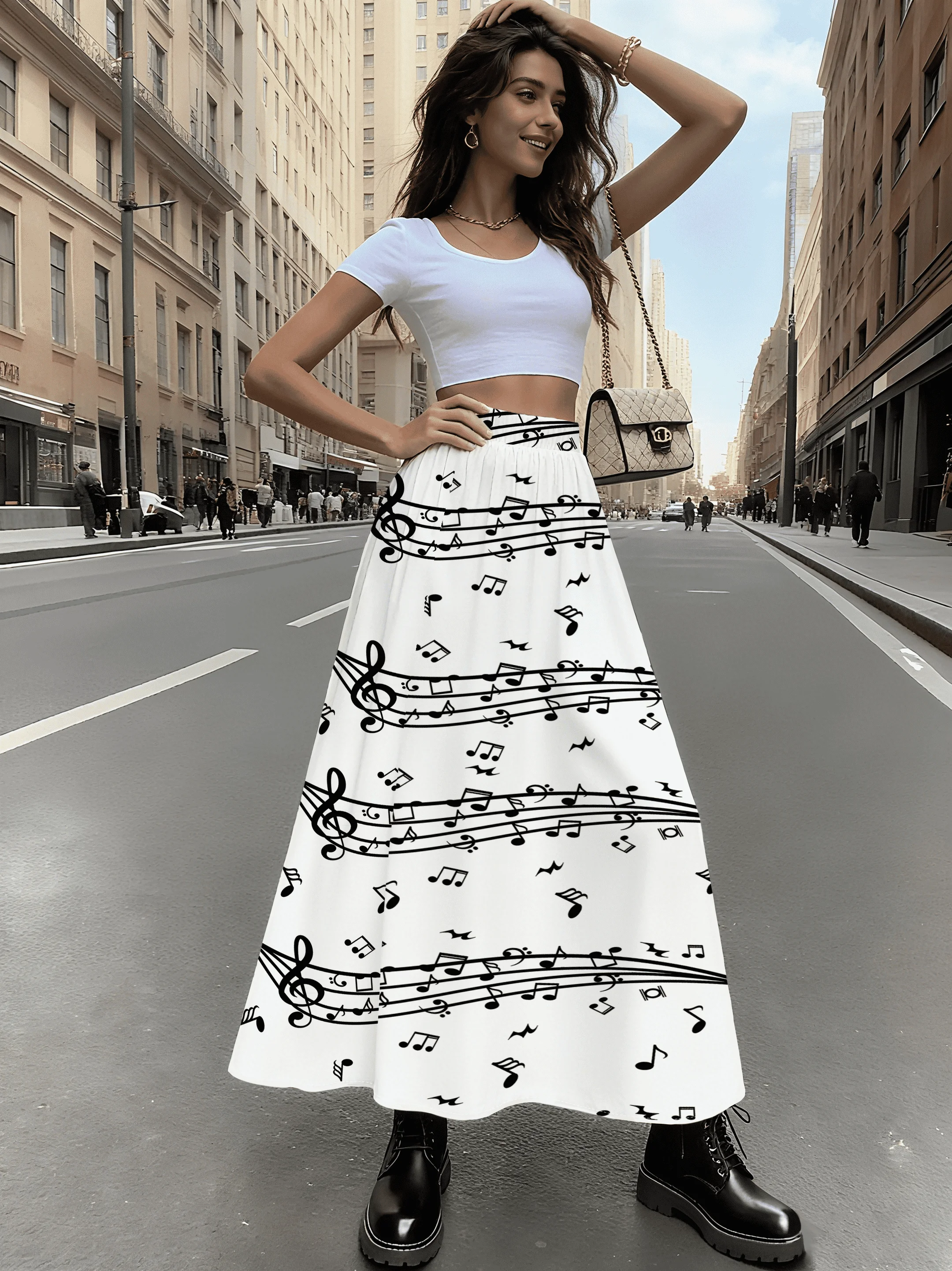 Printed Design Black & White Musical Note Print All-Season Women's Maxi Skirt, Casual Elastic Waist A-Line Half Skirt