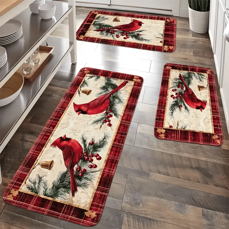 VIKAMA Christmas Kitchen Runner Set Non Slip Washable Cardinal Bird Pine Berry Plaid Border Floor Mats Xmas Holiday Rug