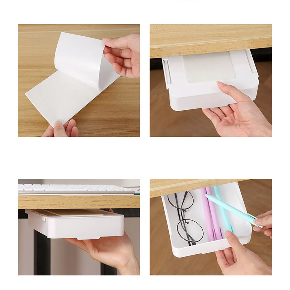 ABJS Under Desk Drawer Organizer Storage Box Self-Adhesive Stationary Container Desk Makeup Holder White