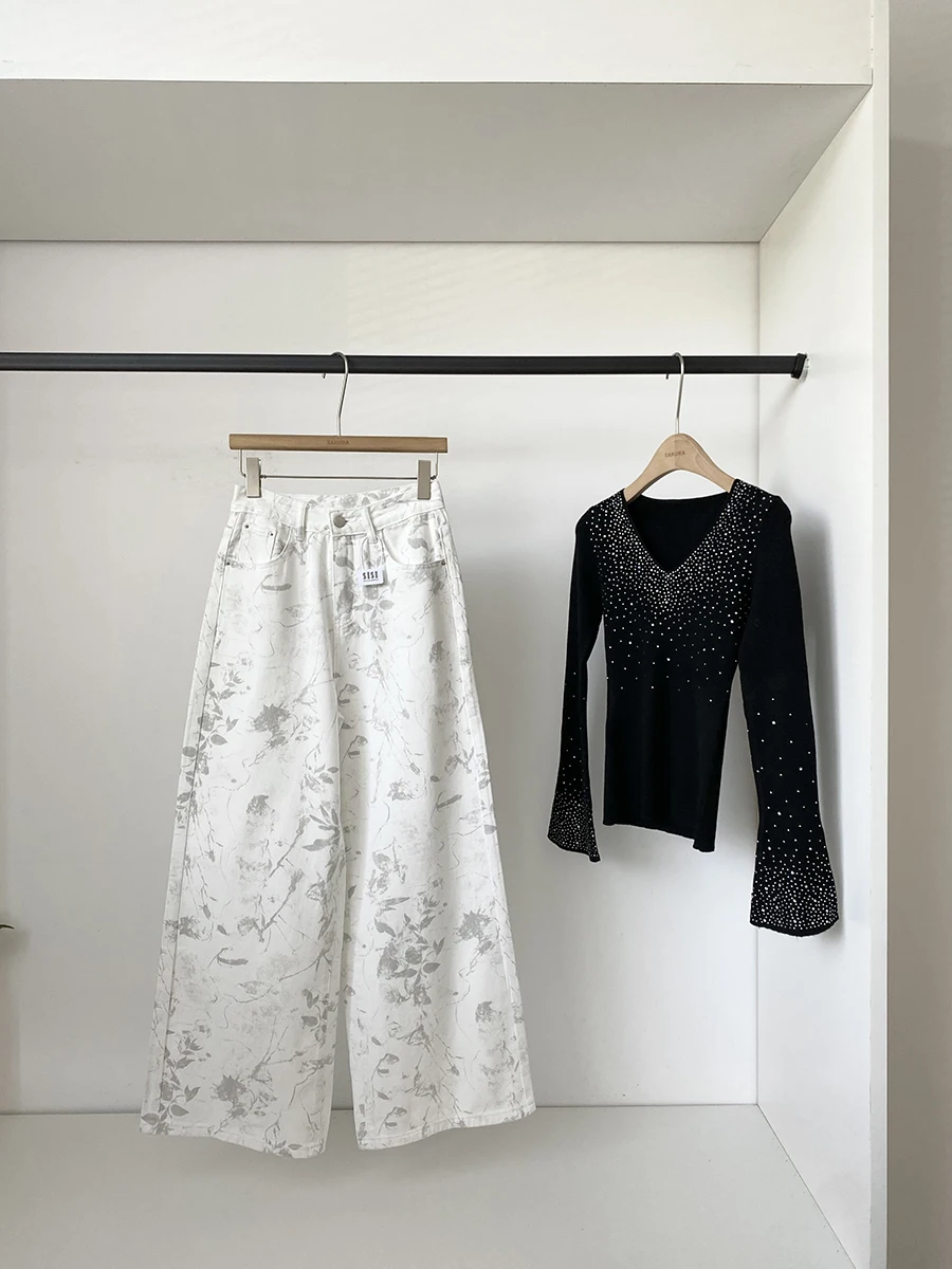 

High Waist Wide Leg Pants Women's Spring Floral Print Loose Fit Straight Cut Drapey Trousers Casual Style Beige Color