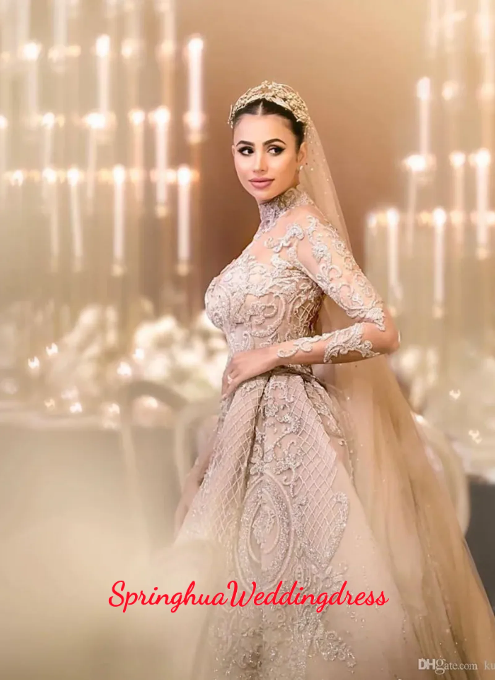Customized Arabic Champagne Mermaid WeddingDress With Detachable Train High Neck 3D Lace Appliques Long Sleeves Bride Gowns