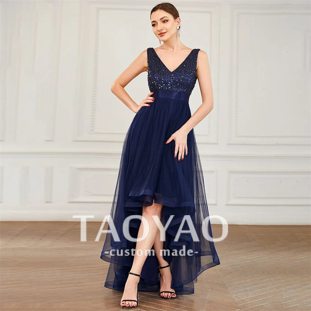 

New High-Low A Line Evening Dresses V-Neck Knee length Tulle Sequin Wedding Dress Party Dresses Prom Dress Vestidos De Fiesta