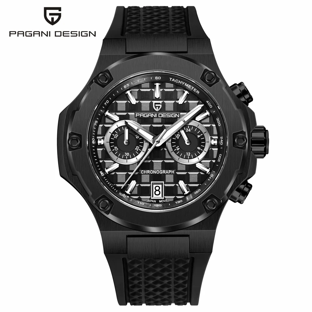 PAGANI DESIGN All Black Luxury Quartz Watch For Men Fluorine Rubber Luminous AR Sapphire Glass Waterproof Multifunctional  Watch