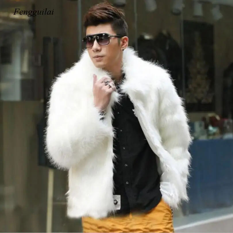 Homme Jacket Faux Leather Men White Black Fashion Coat Fur Fox Fur Lapel Men\'s Casual Slim Coat Jaqueta Motoqueiro