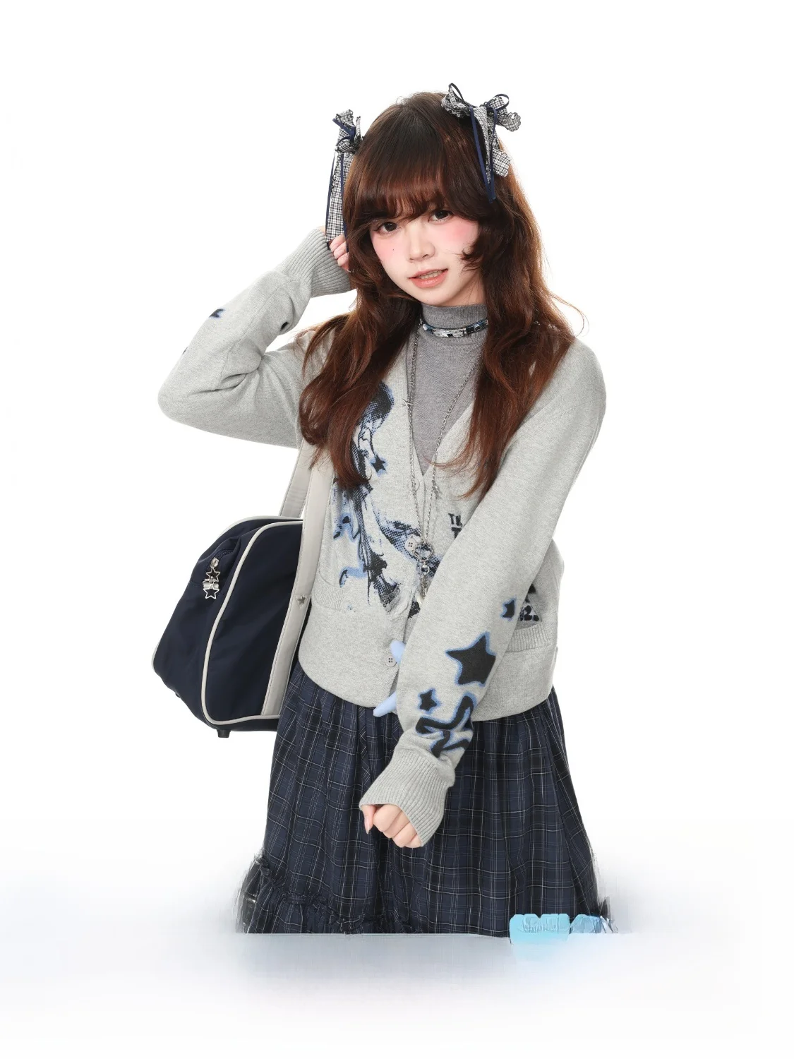 Blue Ghost Park Languid Park Y2K Subculture Cute Knitted Sweater Women's Casual Open Cardigan Sweater Soft Cotton Long Sleeve