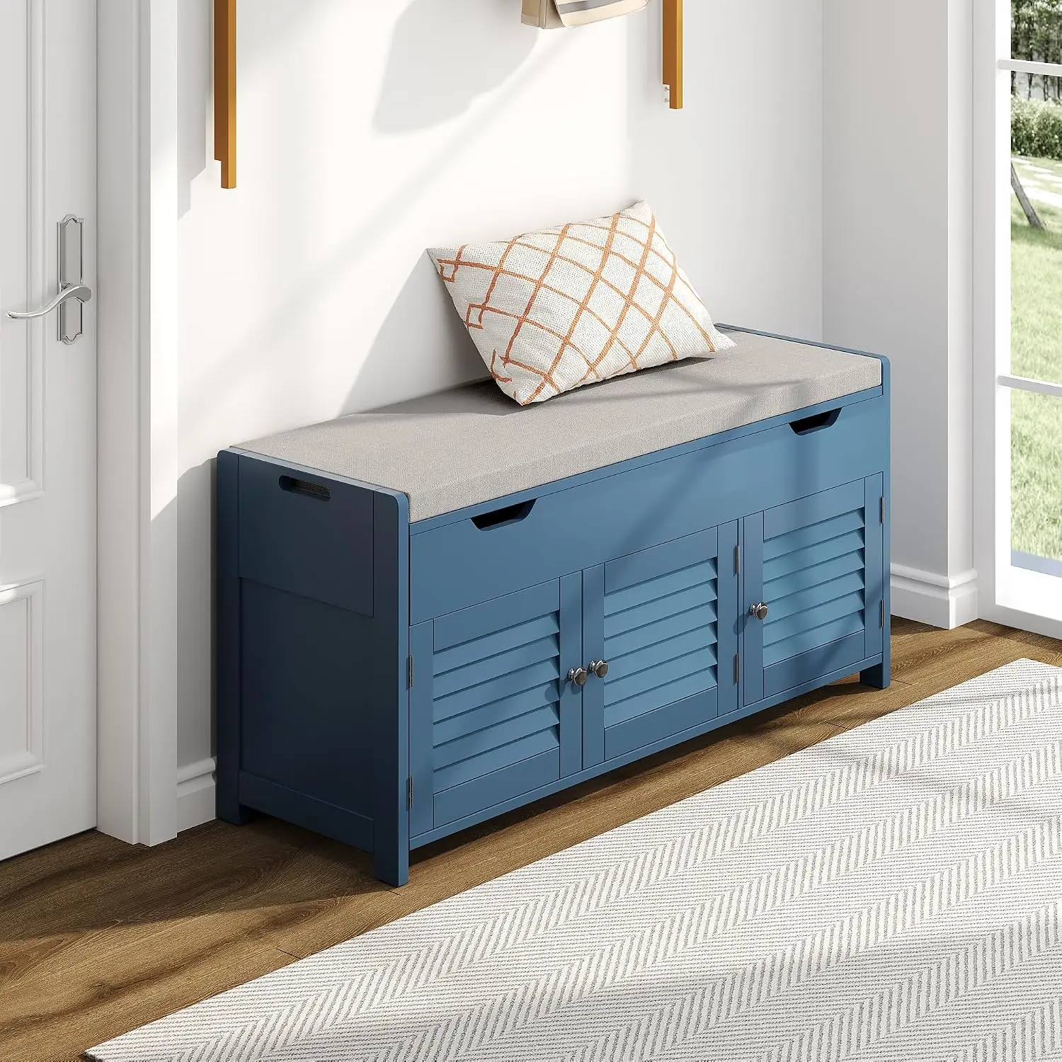 Entryway Shoe Storage Bench With Cushioned Padded Seat, Flip Top Hidden Organizer Chest With Adjustable Shelves And Three Storage Cubbies For Hallway Living Room, Classic Blue