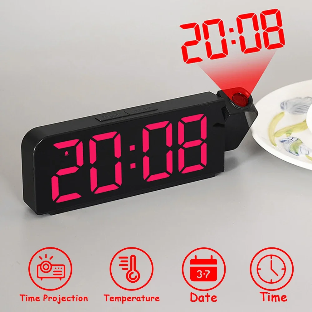 K83 Projection Alarm Clock LED Digital Desk Clocks USB Wake Up Clock with 180° Time Projection Snooze Table Clock