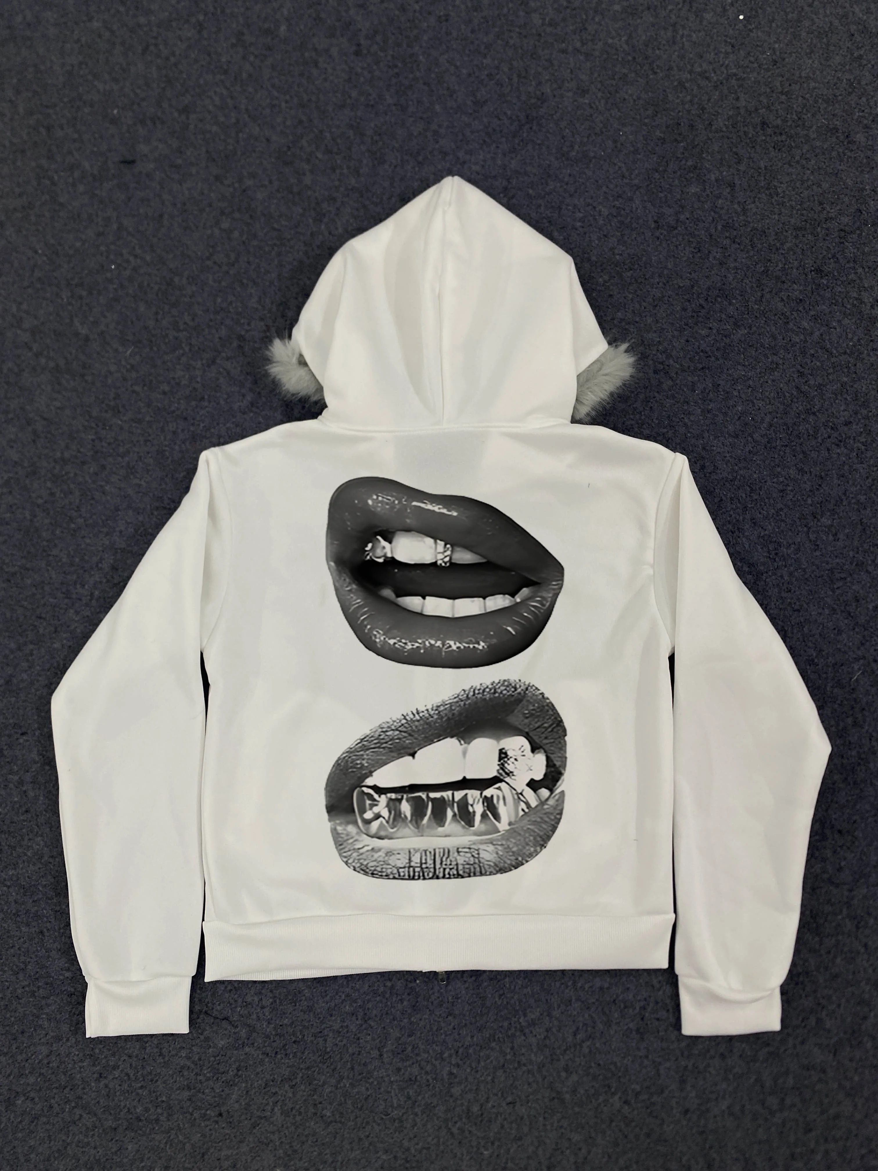 سترة نسائية بغطاء للرأس بسحاب من الفرو الأبيض - سترة "HOT GIRL" مطبوعة برسومات وشفاه Y2K سترة غير رسمية لربيع الخريف #6