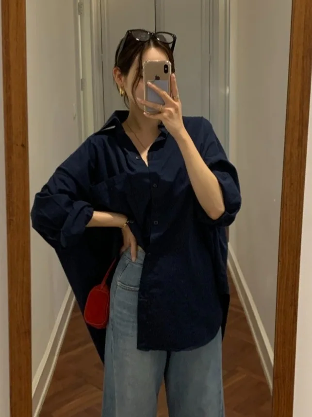 

Белый повседневный свободный женский топ irt Chic Long Sve Корейский свободный крой из полиэфирного волокна Тонкий осенний модный ленивый Sle