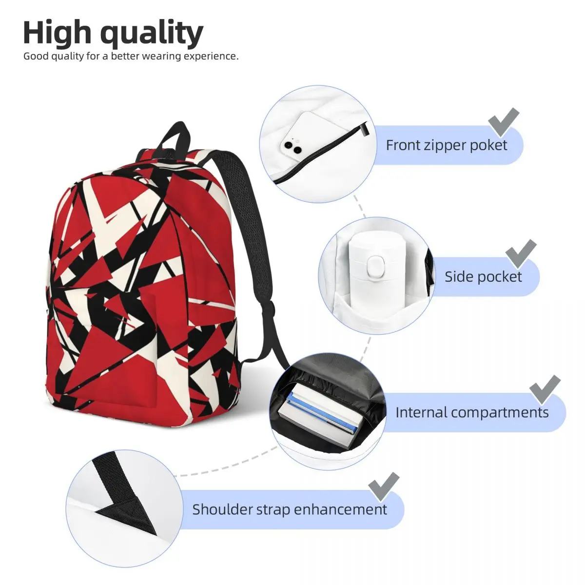 EVH 정통 줄무늬 디자인(빨간색) 배낭 데이팩 대용량 어린이 책가방 학교 가방 남성 여성용 숄더백