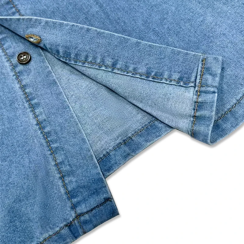 Men's Thin Denim Long Sleeve Shirt, Lapel Solid Color Button Down Casual Blouse, Men Spring Autumn Daily Wear Inner & Outer Top view 5